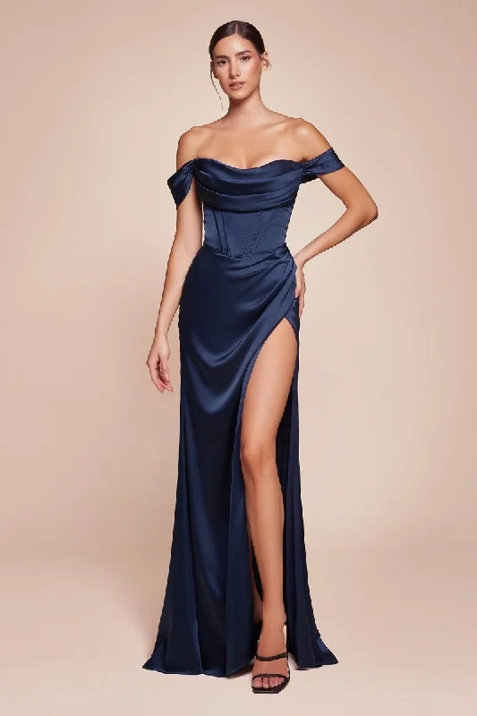 trendy dressOff The Shoulder Cowl Neck Corset Satin Long Prom & Bridesmaid Dress CD7492