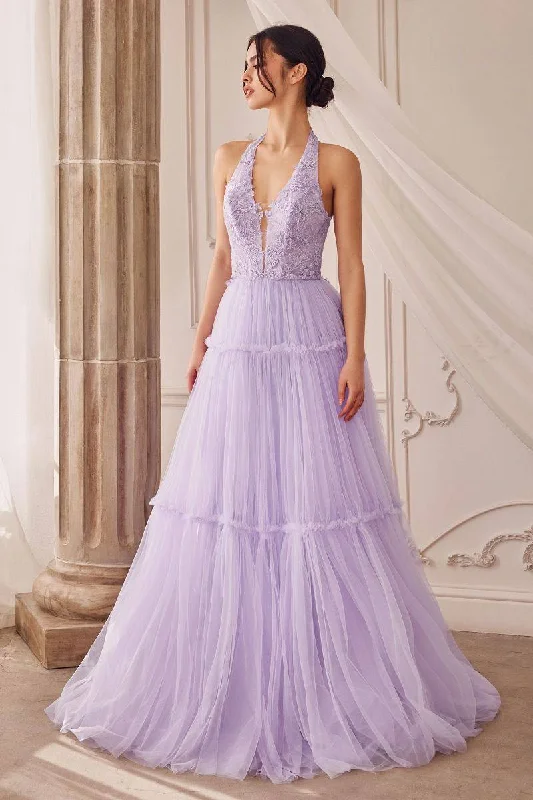 fitted bodycon dressGarden Lace Gree Lavender Mid Open Laced Back Halter Tier Skirt Long Prom & Ball Dress CDA1206