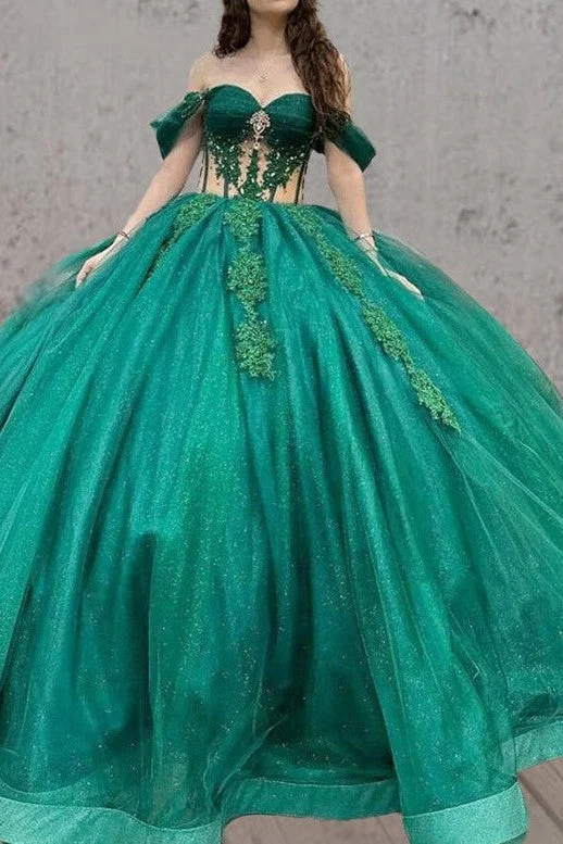 oversized dressTulle Sweetheart Green Off-the-Shoulder Ball Gown with Rhinstones