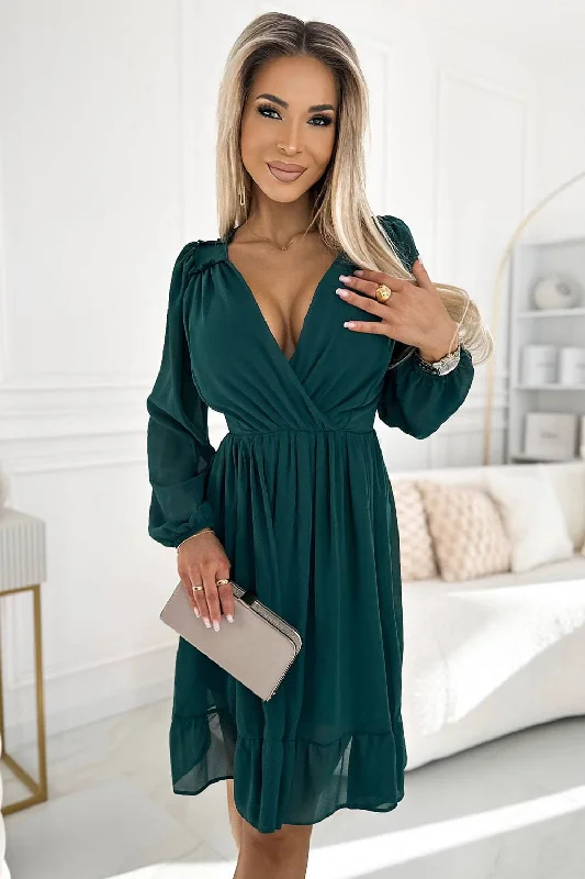 one-shoulder dressNumoco 538-2 MILA Chiffon midi dress with long sleeves and neckline - green