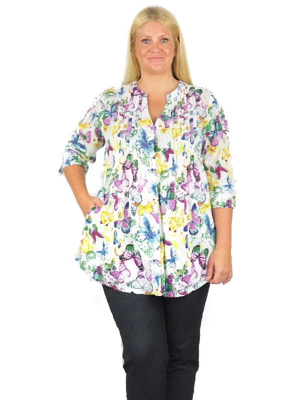 office dressPleat Front Butterfly Printed Cotton Top - Plus Size