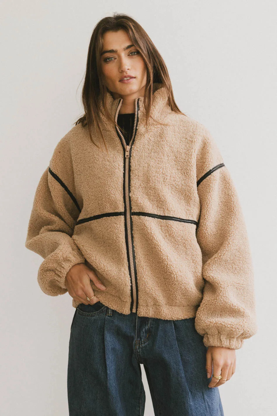 fashion coat with hoodGabby Fleece Zip Up in Tan