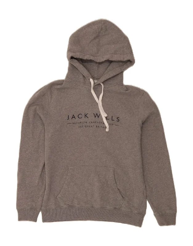 JACK WILLS Mens Graphic Hoodie Jumper Medium Grey Cotton