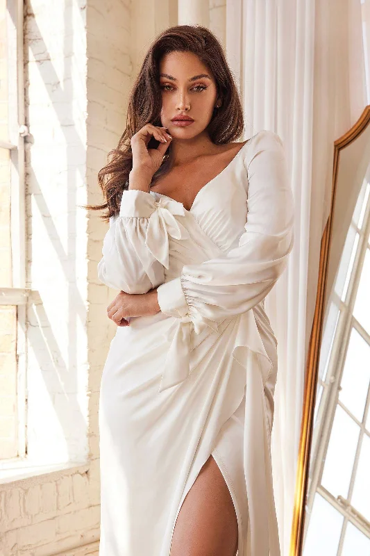 wrap dressWrap-Effect Long Sleeve Satin with a Leg Slit Long Wedding & Bridal Dress CD7478W