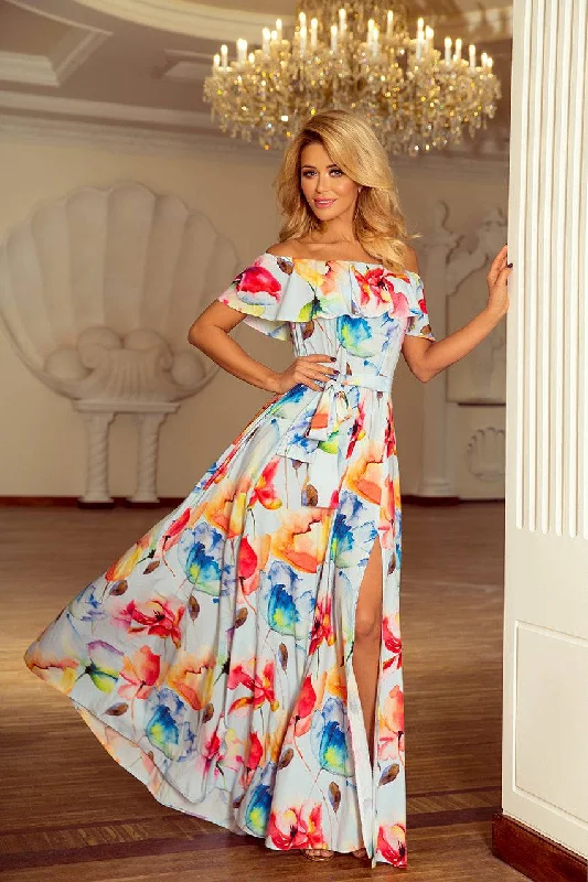 modern dressNumoco 194-1 Long dress with frill - colorful painted flowers