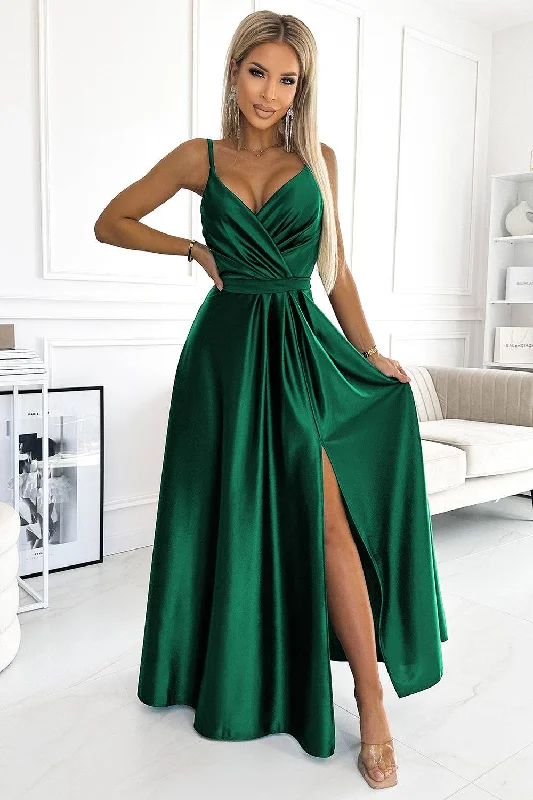 wrap dressNumoco 512-1 JULIET elegant long satin dress with a neckline - green