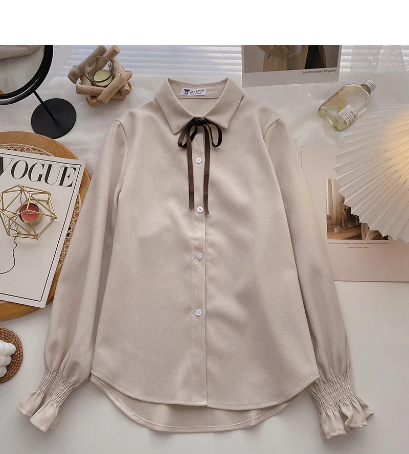 outdoor coatCollegiate lace up Lapel shirt casual long sleeve top     S2535