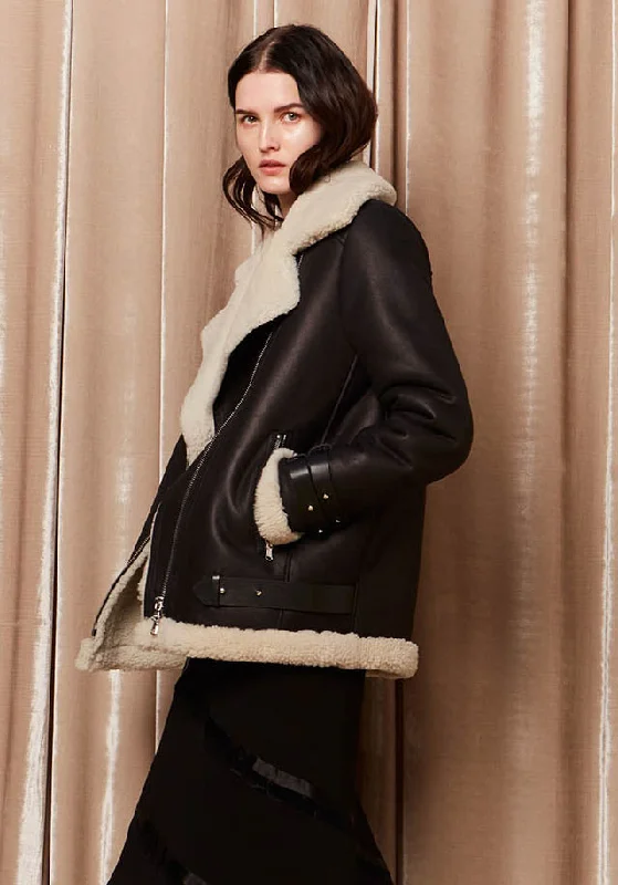 sporty outerwearPACE SHEARLING MOTO JACKET, BLACK/WHITE