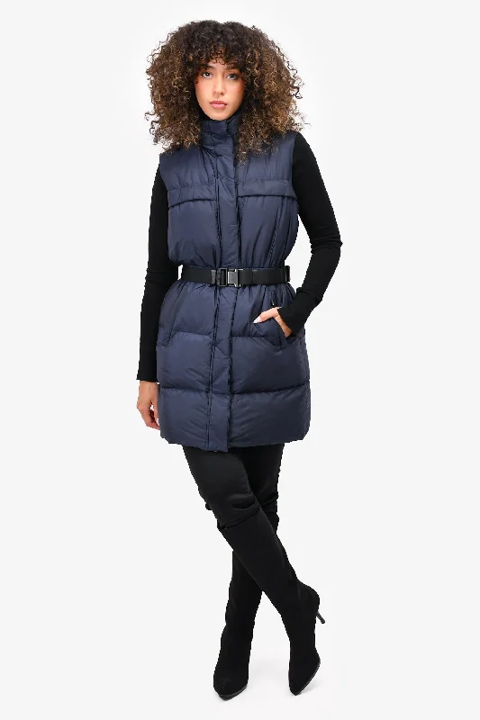 soft coatPrada Navy Blue Cinched Waist Puffer Vest with Black Belt Size 42