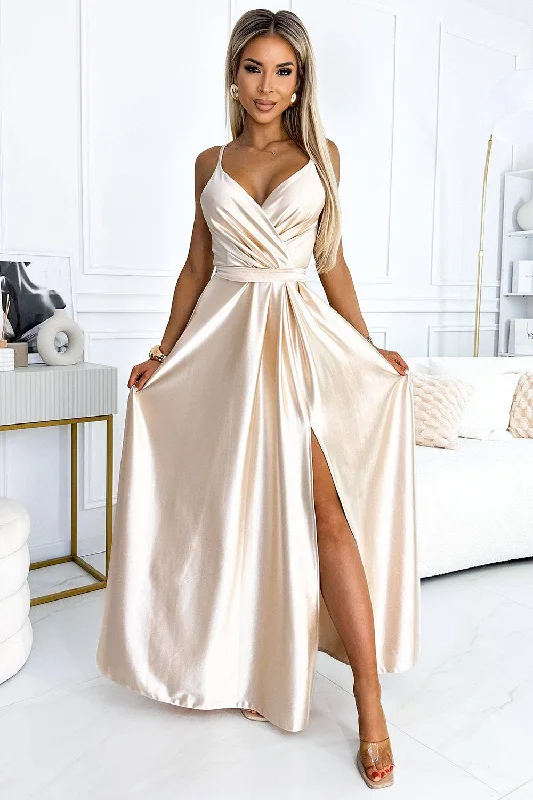 office dressNumoco 512-3 JULIET elegant long satin dress with a neckline and leg slit - Beige