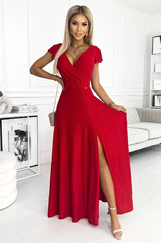 party dressNumoco 411-2 CRYSTAL long shimmering dress with a neckline - red