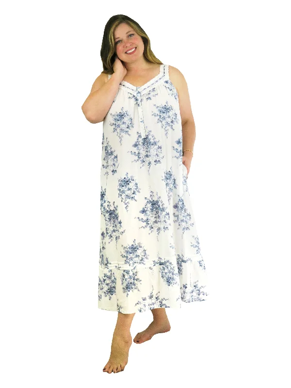 office dressPlus Size 100% Cotton Lace Trim Flounce Gown- Blue and White Floral Print