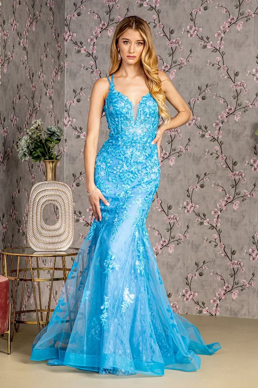 vintage-inspired dressFloral Embroidery Sequin Sheer Bodice Mesh Mermaid Long Prom Dress GLGL3333