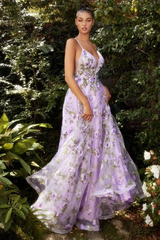 modern dressLisianthus Printed Organza A-Line V-neck Formal Floral Bodice Long Prom & Gala Dress CDA1135