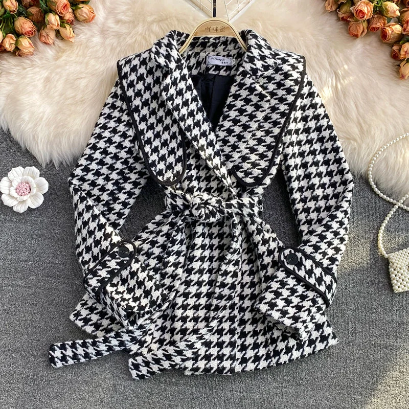 casual sports coatStylish Houndstooth Long Sleeve Jacket     S494