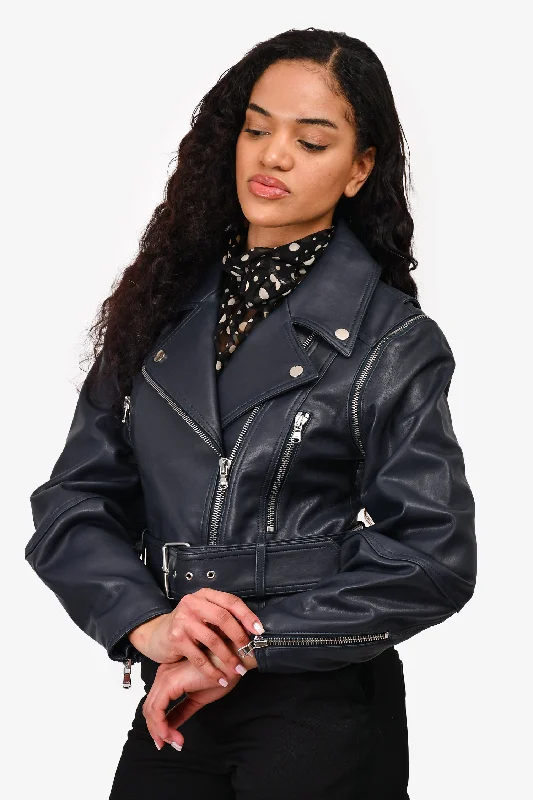 modern outerwearVeronica Beard Blue 'Dylan' Leather Jacket with Detachable Sleeves Size 8