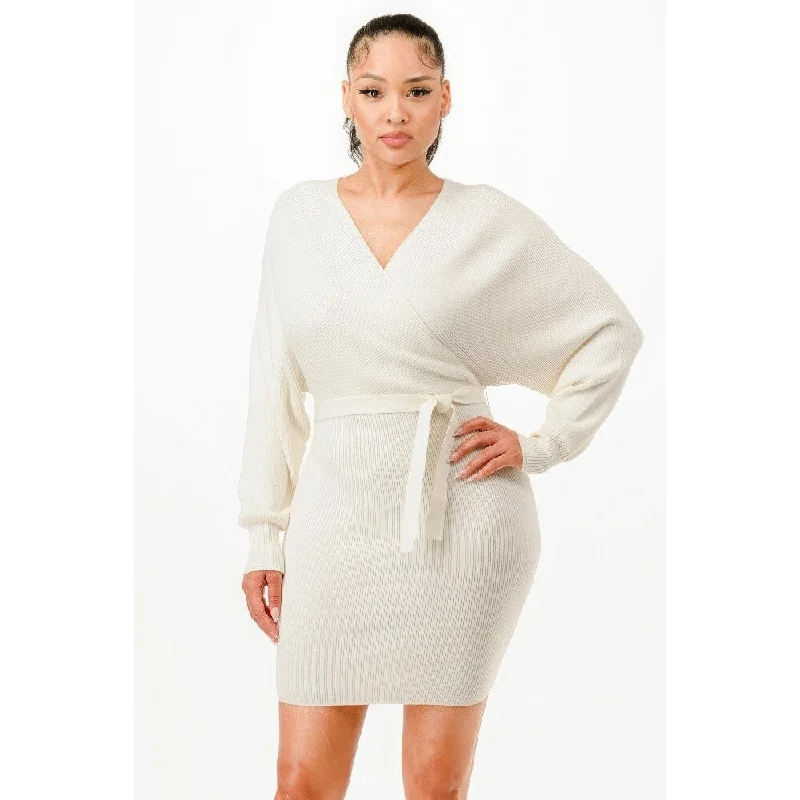 fitted cocktail dressLong Sleeves Off Shoulder Wrap Belted Ribbed Sweater Dress