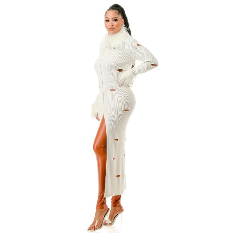 chic dressLong Sleeves White Collared Neckline Cardigan Dress With Mid Way Front Zipper