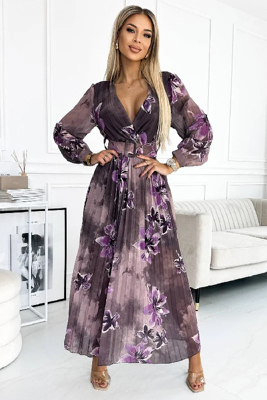 minimalistic dressNumoco Basic 520-1 Pleated chiffon long dress with a neckline, long sleeves and a wide belt - purple large flowers