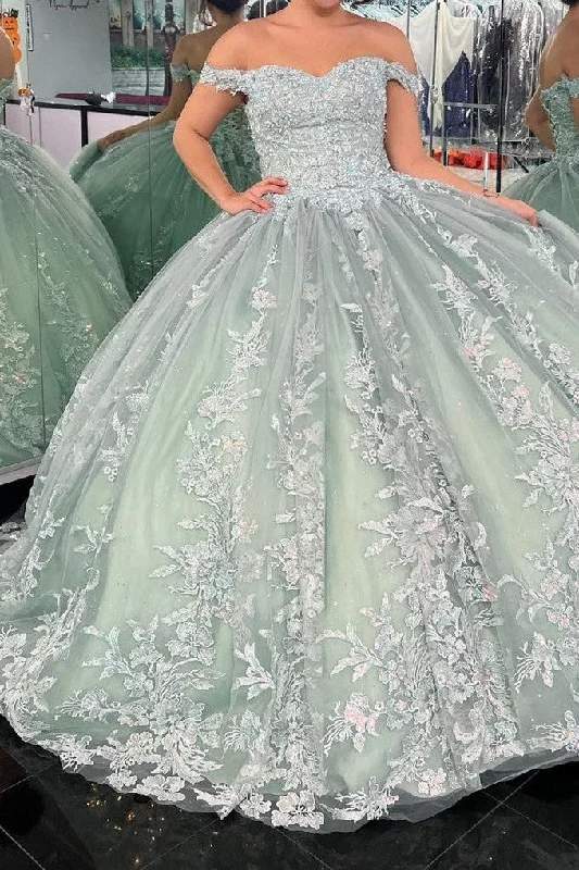 form-fitting dressDusty Sage Off The Shoulder Appliques Quinceanera Dress