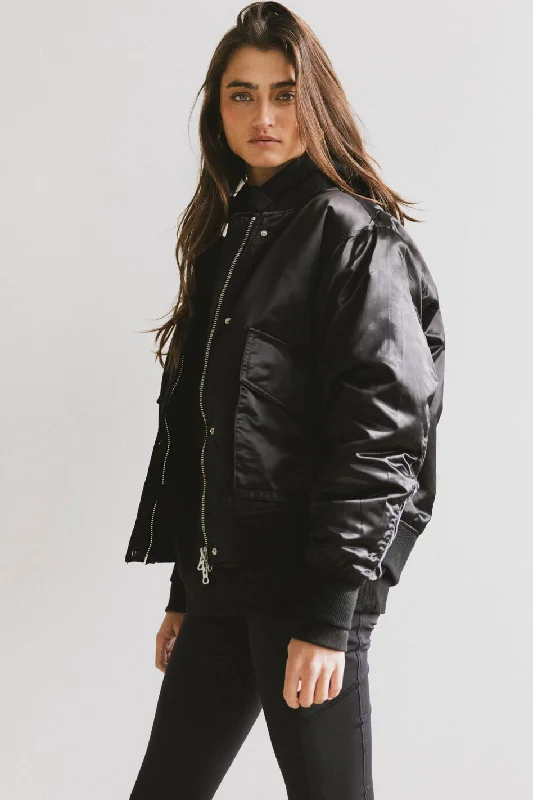 insulated jacketRylee Satin Bomber Jacket in Black - FINAL SALE