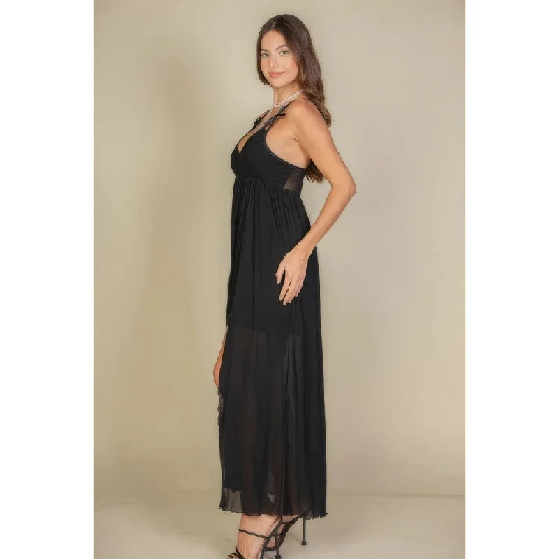 A-line dressSleeveless Plunge Neck Split Thigh Mesh Maxi Dress