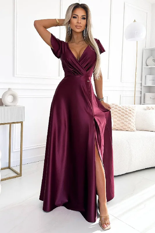 casual midi dressNumoco 411-10 CRYSTAL satin long dress with a neckline - Burgundy color