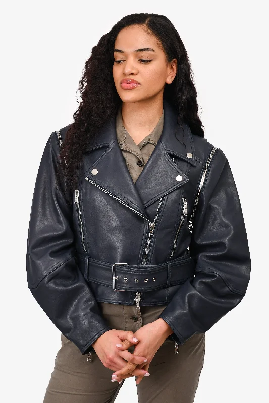 fitted trench coatVeronica Beard Blue 'Dylan' Leather Jacket with Detachable Sleeves Size 12