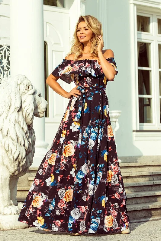 chic wrap dressNumoco 194-3 Long dress with frill - black + colorful flowers