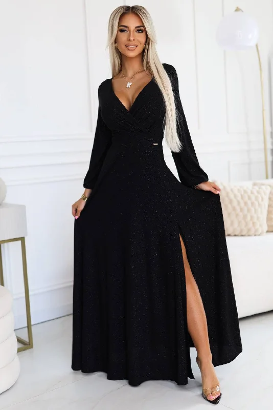 cocktail dressNumoco 572-2 NELA shiny long gown with neckline and long sleeves - black