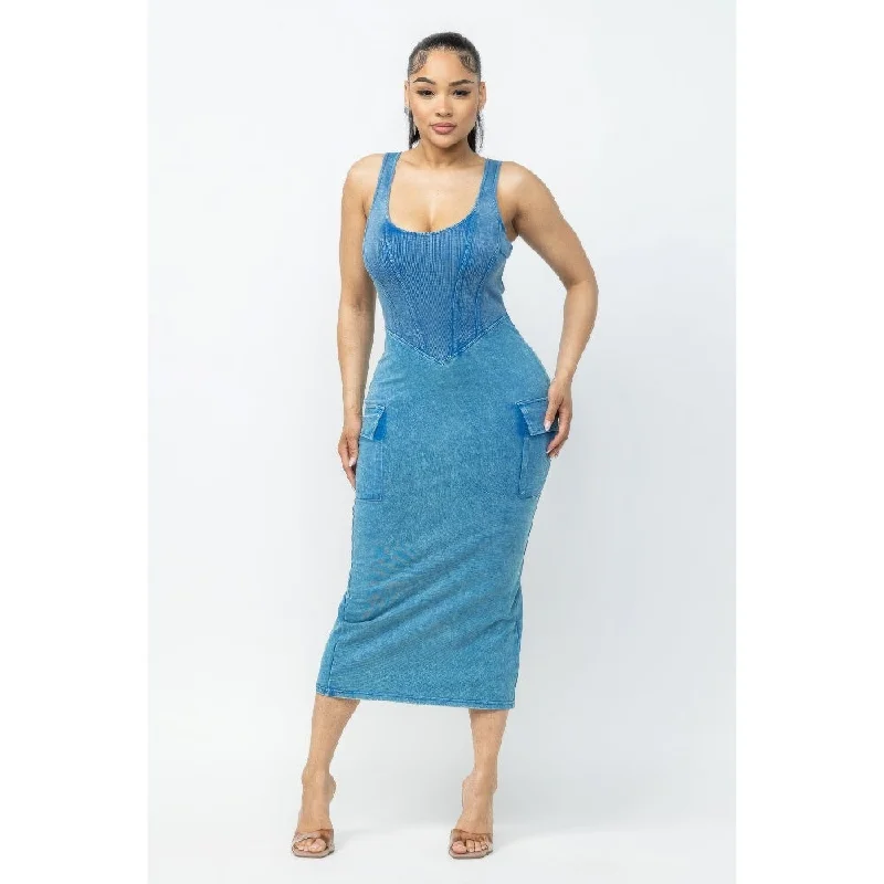 casual summer dressBlue Acid Washed Cargo Midi Dress Perfect for Any Occasion