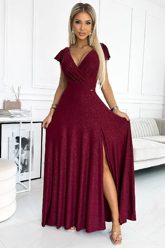 spaghetti strap dressNumoco 411-8 CRYSTAL long shimmering dress with a neckline - Burgundy color