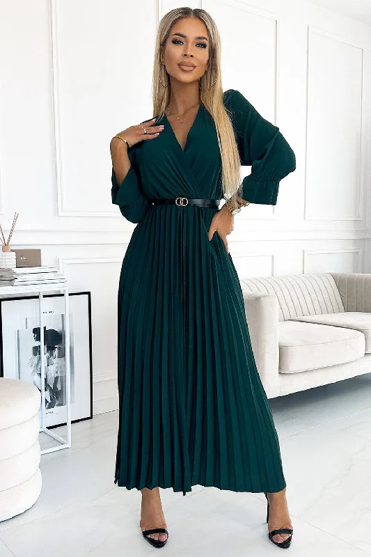 trendy bodycon dressNumoco Basic 462-2 SERENA Pleated maxi dress with a neckline, belt and 3/4 sleeves - green