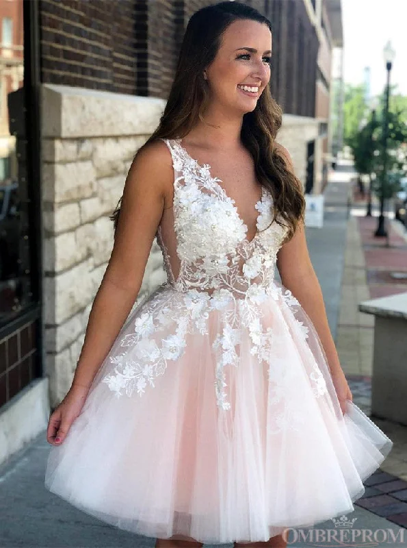 off-the-shoulder dressPrincess V Neck Pink Short Prom Dress Tulle With Applique Homecoming Dress OM305