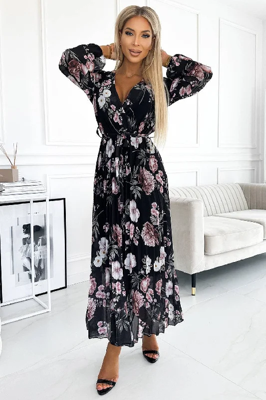 elegant maxi dressNumoco Basic 502-1 Pleated midi dress with a neckline, long sleeves and a tie at the waist - black with pink flowers