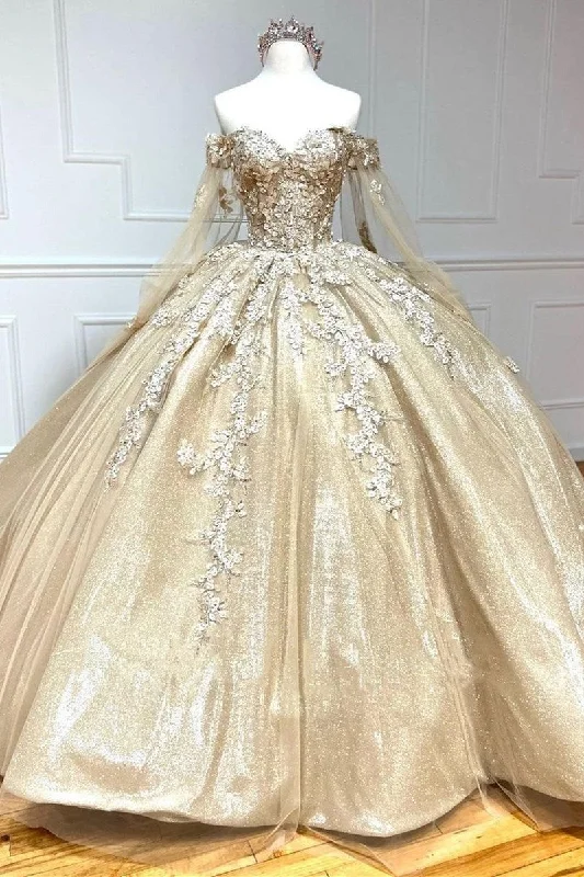 floral wrap dressStunning Cape Sleeves Gold Sweetheart Ball Gown