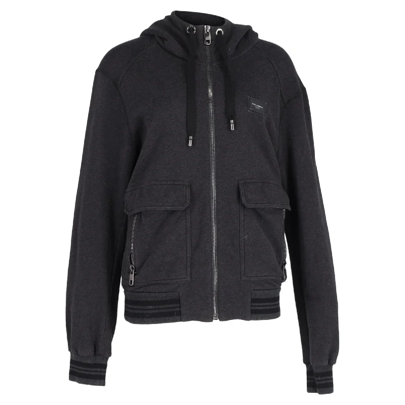 Dolce & Gabbana Zipped Hooded Jacket in Dark Grey Cotton