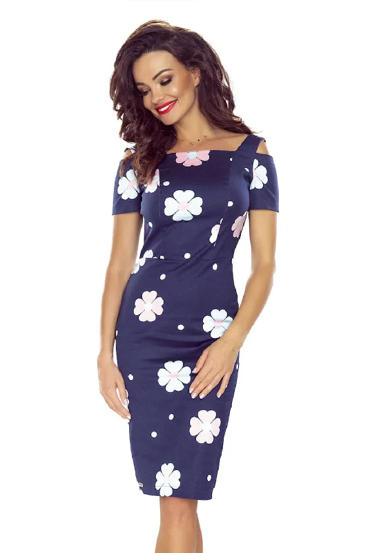 floral dressBergamo 440-3 Elegant dress with short sleeves - dark blue with flowers