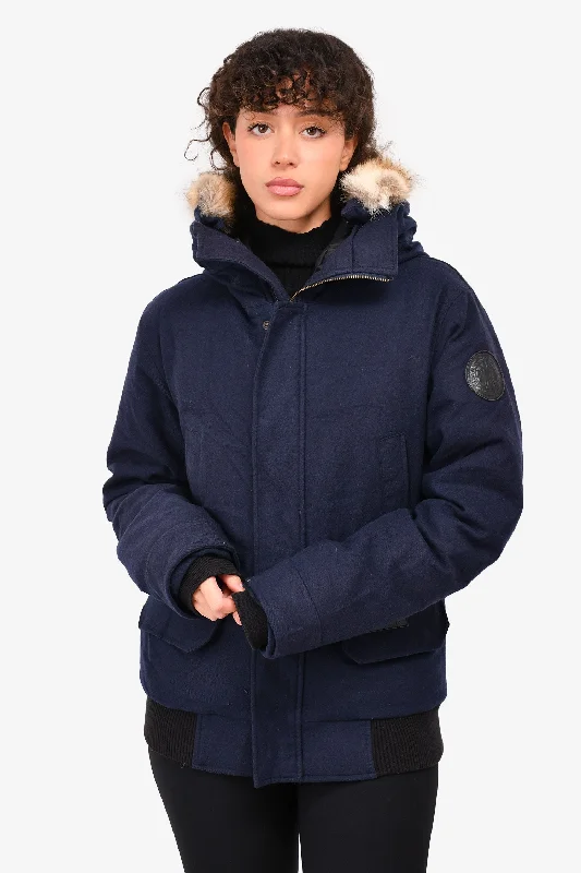 fitted trench coatCanada Goose Navy Wool Dur Hooded Down Jacket Size M (As Is)