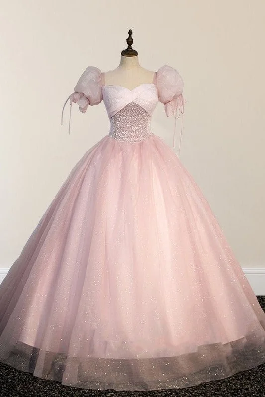 ashionable dressDelicate Short Sleeves Tulle Pink Floor Length Ball Gown Birthday Party Dress