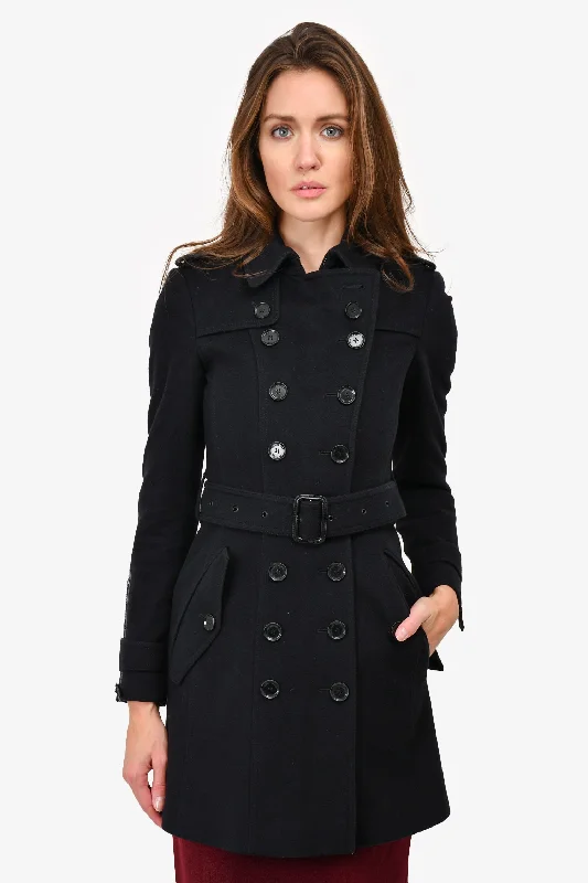 long coatBurberry Black Wool/Cashmere Trench Coat with Black Leather Details Size 0 US