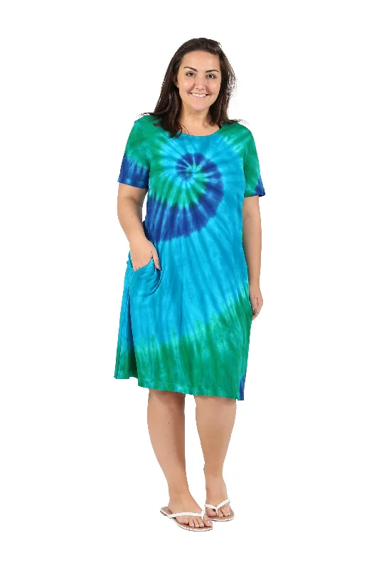 chic slip dressLa Cera Cotton Knit Short Sleeve Blue Turquoise Tie-Dye Dress