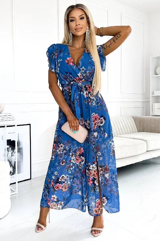 off-shoulder dressNumoco Basic 473-1 ARIA Long dress with a neckline and short sleeves - blue with flowers