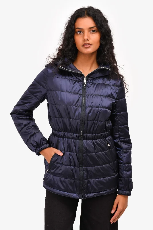 fashionable outerwearPrada Navy Blue Quilted Down Jacket with Cinched Waist Size 38