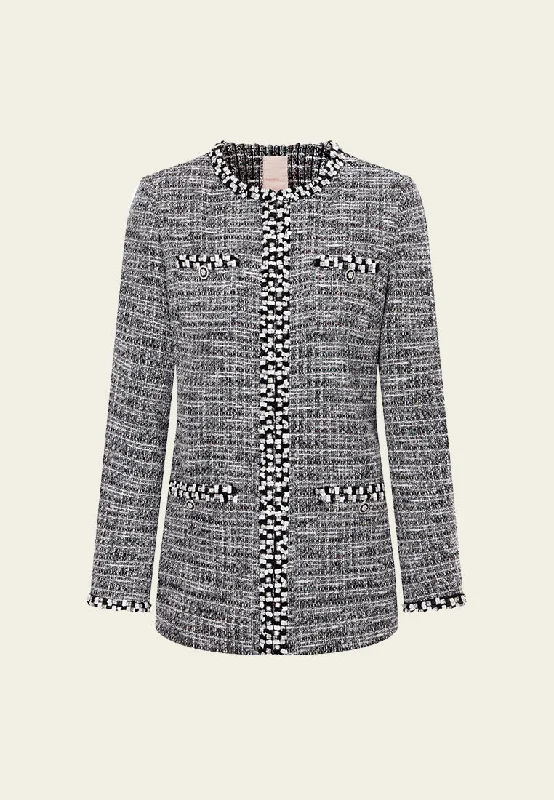 classic zip-up coatPatch-pocket Ribbed-knit Mixed Tweed Short Coat