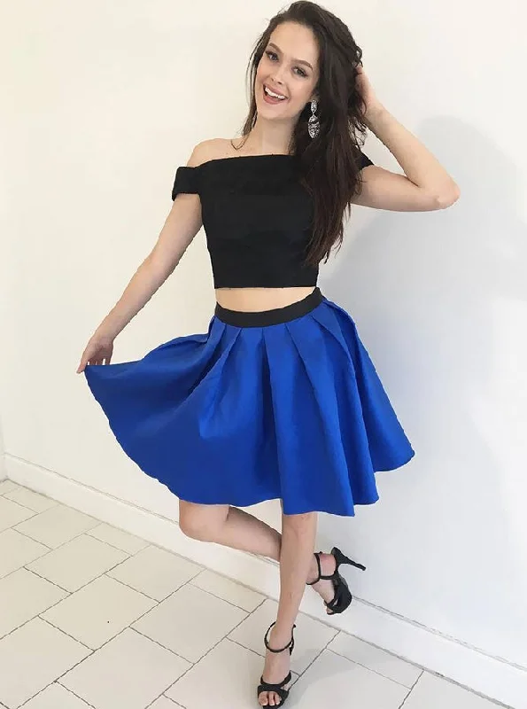 ruffle dressBlack & Blue Off the Shoulder Two Pieces Homecoming Dress OM298