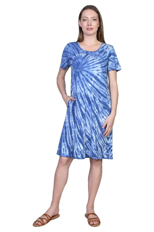 casual summer dressLa Cera Cotton Knit Short Sleeve Blue Tie-Dye Dress