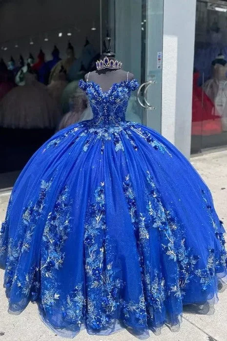 layered dressExquisite Spaghetti Straps Royal Blue Ball Gown with Appliques