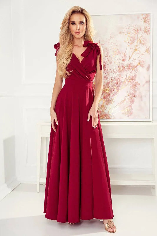 summer floral dressNumoco 405-1 ELENA Long dress with a neckline and ties on the shoulders - Burgundy color