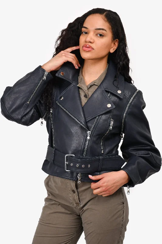 zip-up jacketVeronica Beard Blue 'Dylan' Leather Jacket with Detachable Sleeves Size 14